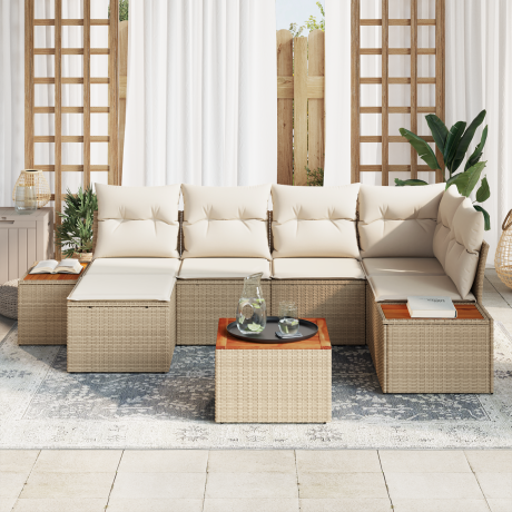vidaXL 7-delige tuinbankset met kussens in beige poly rattan en acacia afbeelding3 - 1