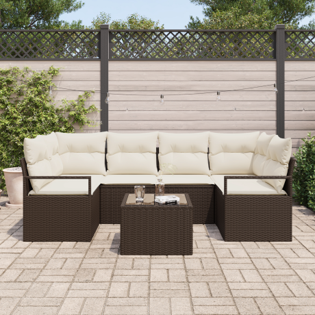 vidaXL Tuin Sofa Set 7 pcs Bruin en Crème Poly rattan, staal en glas afbeelding3 - 1