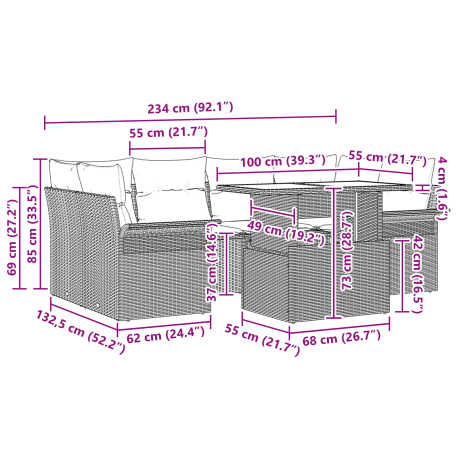 vidaXL 7-delige tuinset met kussens in beige poly rattan afbeelding3 - 1