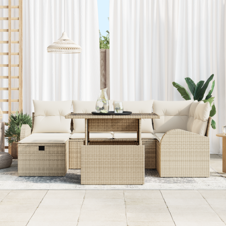 vidaXL 7-delige tuinset met kussens in beige poly rattan afbeelding3 - 1