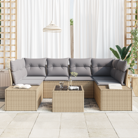 vidaXL 7-delige tuinset met kussens in beige poly rattan afbeelding3 - 1