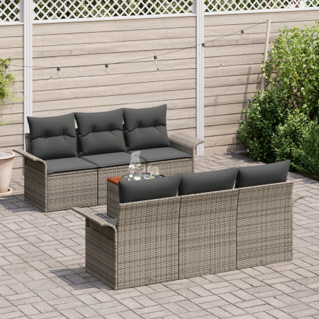vidaXL 7-delige tuinset met kussens in grijs poly rattan en acacia afbeelding3 - 1