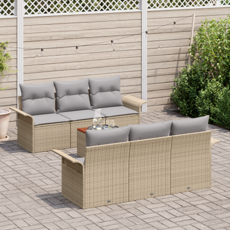 vidaXL 7-delige tuinset met kussens van beige poly rattan en acacia wood afbeelding3 - 1