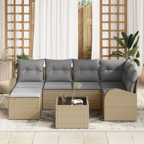 vidaXL Bankstel met kussen 7 pcs Beige en lichtgrijs poly rattan afbeelding3 - 1