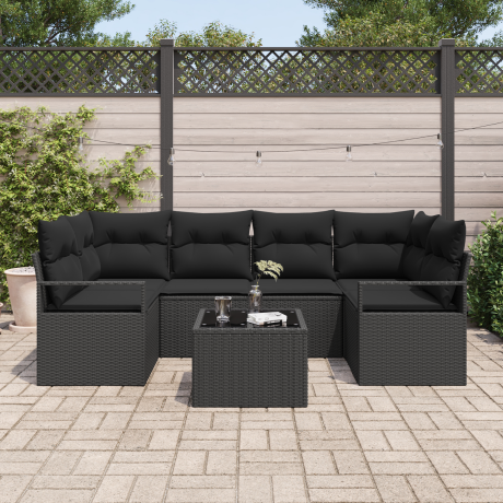 vidaXL Tuin Sofa Set met kussen 7 pcs Zwart Poly rattan, staal en glas afbeelding3 - 1
