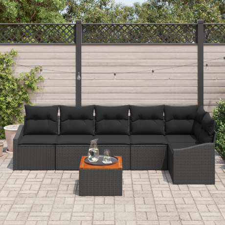 vidaXL 7-delige tuinset met zwarte kussens van poly rattan en acaciahout afbeelding3 - 1