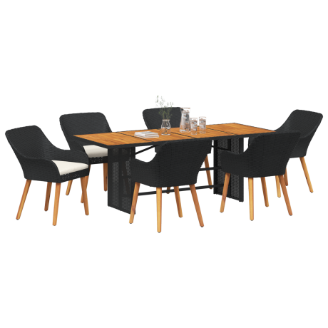 vidaXL Tuin eettafelset met kussen 7 pcs Zwart poly rattan afbeelding3 - 1