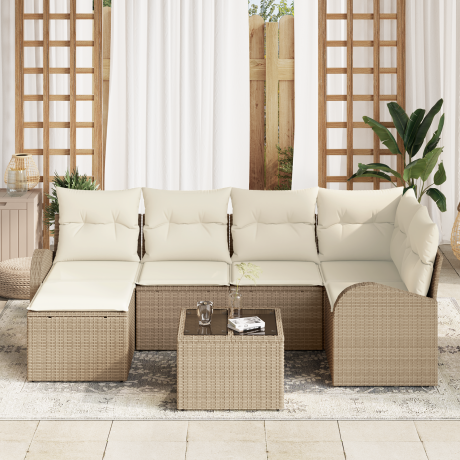 vidaXL Bankstel met kussen met opslag 7 pcs Beige en Wit poly rattan afbeelding3 - 1