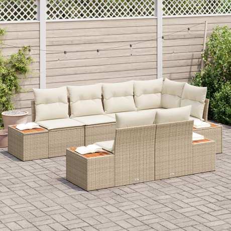 vidaXL 7-delige tuinsofa set met kussens in beige van poly rattan en acacia afbeelding3 - 1