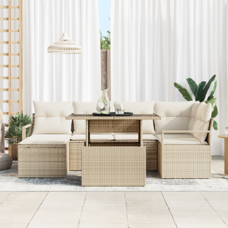 vidaXL 7-Persoons Tuinset met Kussens in Beige Poly Riet afbeelding3 - 1