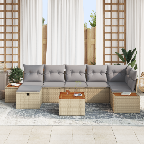 vidaXL 8-delige tuinbankset met kussens - Beige Poly Rattan afbeelding3 - 1