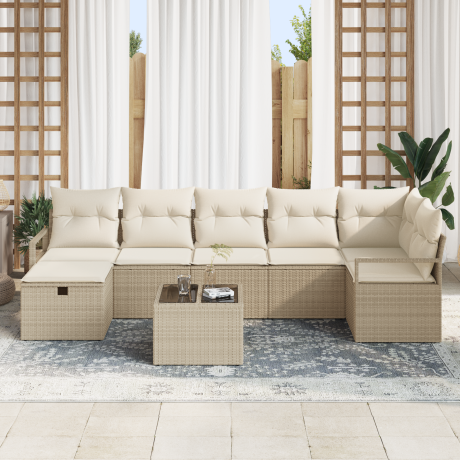 vidaXL Bankstel met kussen met opslag 8 pcs Beige en Crème poly rattan afbeelding3 - 1