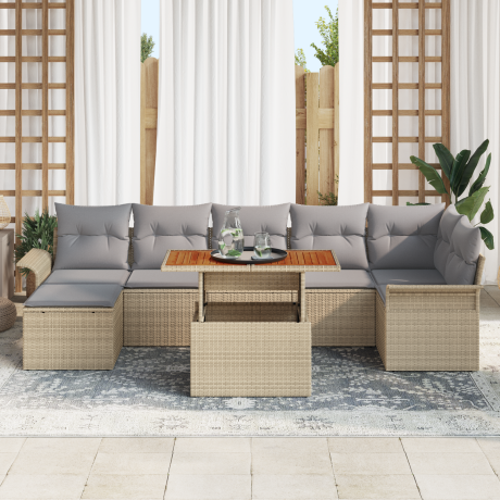 vidaXL 8-delige tuinset met kussens Beige Poly Rattan afbeelding3 - 1