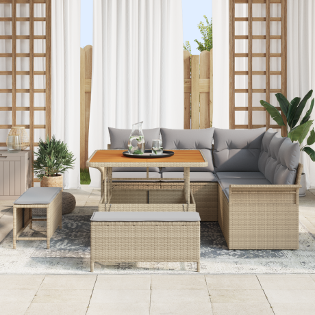 vidaXL 8-delige tuinset met kussens in beige poly rattan en acacia afbeelding3 - 1