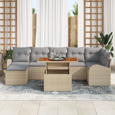 vidaXL 8-delige tuinset met kussens in beige poly rattan afbeelding3 - 1