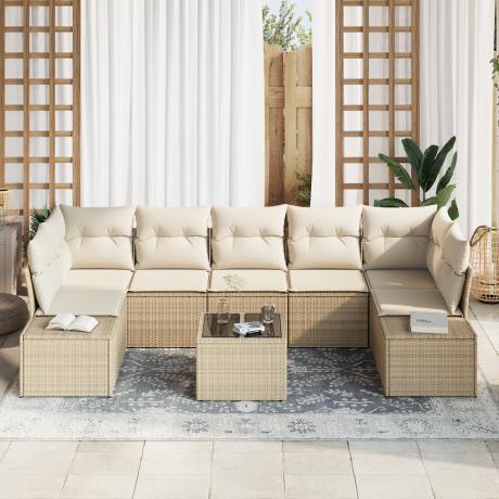 vidaXL 8-delige tuinset met kussens in beige poly rattan afbeelding3 - 1