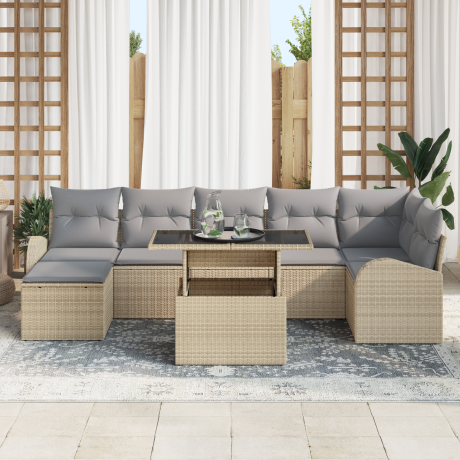 vidaXL 8-delige tuinset met kussens in beige poly rattan afbeelding3 - 1