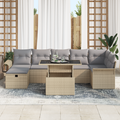 vidaXL 8-delige tuinset met kussens in beige poly rattan afbeelding3 - 1