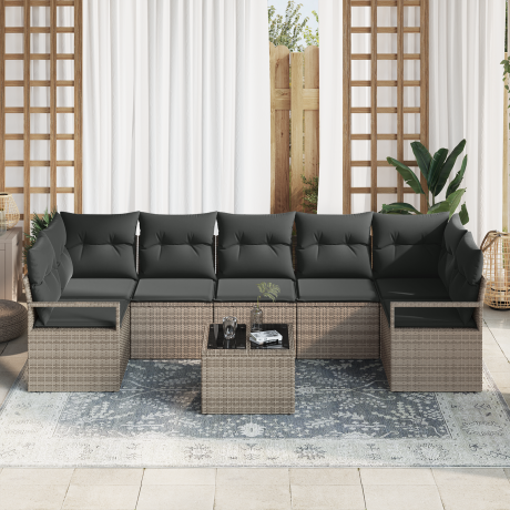 vidaXL Tuin Sofa Set met kussen 8 pcs Grijs Poly rattan, staal en glas afbeelding3 - 1