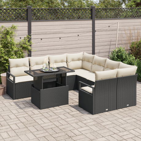vidaXL 9-delige ligbed set met kussens zwart poly rattan afbeelding3 - 1