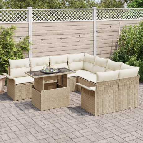 vidaXL 9-delige ligbedset met kussens in beige poly rattan afbeelding3 - 1
