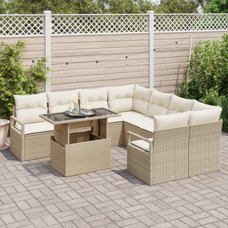 vidaXL 9-delige ligbedset met kussens in beige van poly rattan afbeelding3 - 1