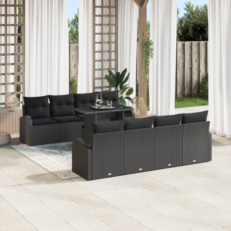 vidaXL 9-delige ligbedset met kussens zwart poly rattan afbeelding3 - 1