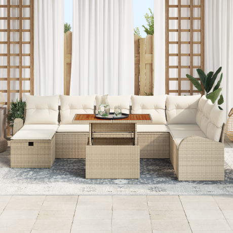 vidaXL 9-delige tuinset met kussens in Beige en Wit van Poly Rattan afbeelding3 - 1