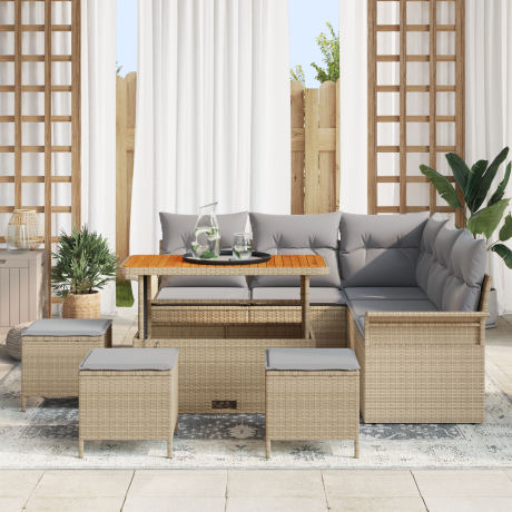 vidaXL 9-delige tuinset met kussens in beige poly rattan en acacia afbeelding3 - 1