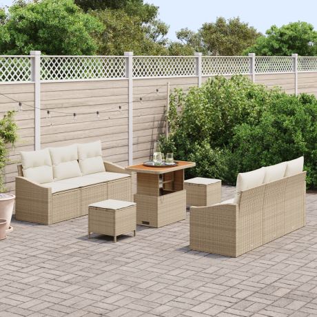 vidaXL 9-delige tuinset met kussens in beige poly rattan en acacia afbeelding3 - 1