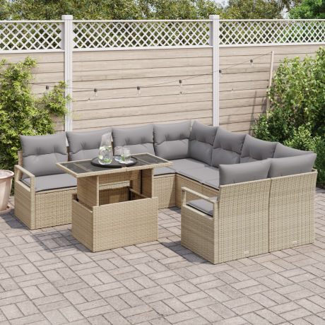 vidaXL 9-delige tuinset met kussens in beige poly rattan afbeelding3 - 1
