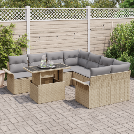 vidaXL 9-delige tuinset met kussens in beige poly rattan afbeelding3 - 1