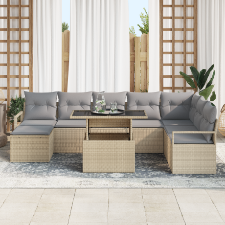 vidaXL 9-delige tuinset met kussens in beige poly rattan afbeelding3 - 1