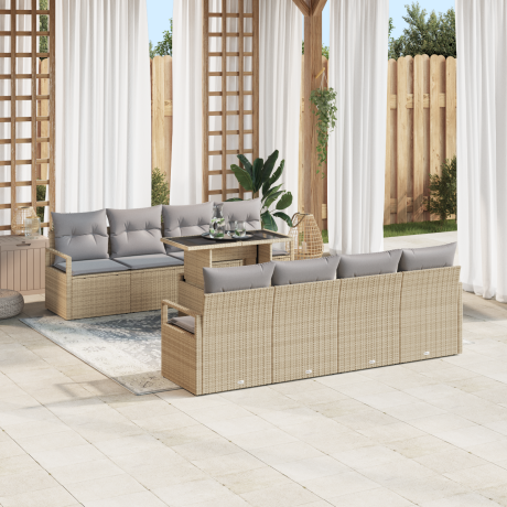 vidaXL 9-delige tuinset met kussens in beige poly rattan afbeelding3 - 1