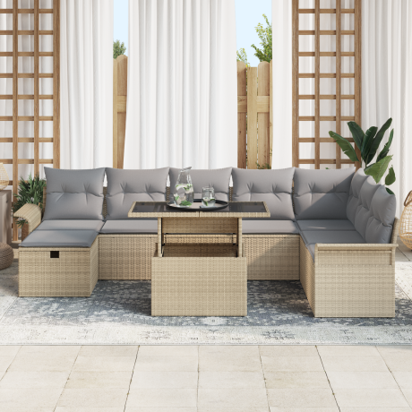 vidaXL 9-delige tuinset met kussens in beige poly rattan afbeelding3 - 1