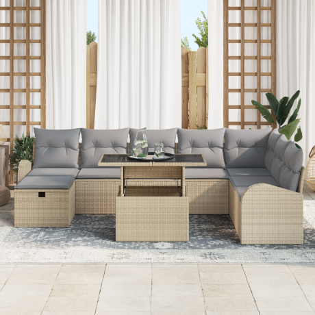 vidaXL 9-delige tuinset met kussens in beige poly riet afbeelding3 - 1