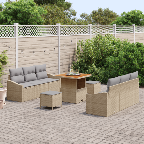 vidaXL 9-delige tuinset met kussens in beige van poly rattan en acacia afbeelding3 - 1