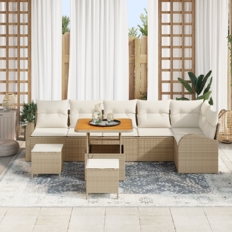 vidaXL 9-delige tuinset met kussens in Beige van poly rattan en acaciahout afbeelding3 - 1