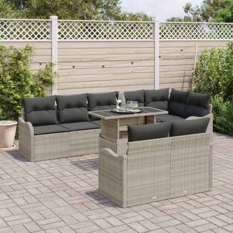 vidaXL Loungebankset met kussen 9 pcs Lichtgrijs Poly riet afbeelding3 - 1