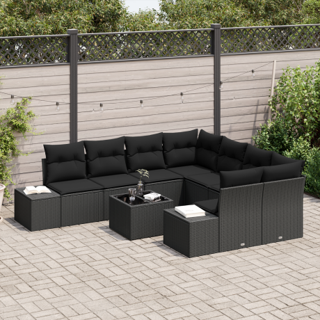 vidaXL 9-delige tuinset met kussens zwart poly rattan afbeelding3 - 1