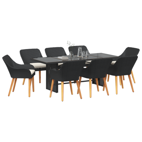 vidaXL Tuin eettafelset met kussen 9 pcs Zwart poly rattan afbeelding3 - 1
