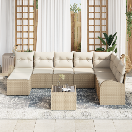 vidaXL Bankstel met kussen met opslag 9 pcs Beige en Wit poly rattan afbeelding3 - 1