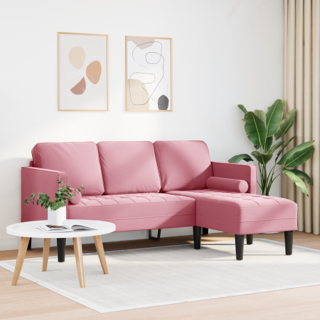 vidaXL Bank 3-zits met poef L-vormig 160 cm fluweel lichtroze afbeelding3 - 1
