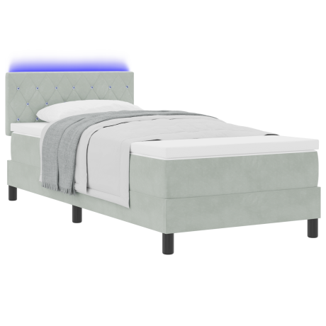 vidaXL LED Box Spring Bed met matras Lichtgrijs 90 x 200 cm Fluweel afbeelding3 - 1