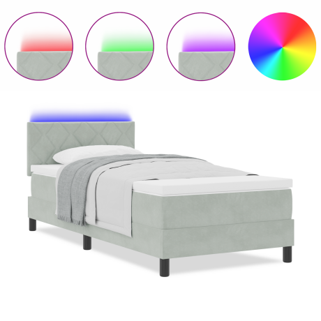 vidaXL LED Box Spring Bed met matras Lichtgrijs 90 x 200 cm Fluweel afbeelding3 - 1