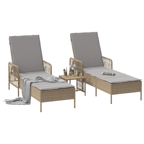 vidaXL Ligbedden 2 stuks met Kussens en Tafel Beige Poly Rattan afbeelding3 - 1