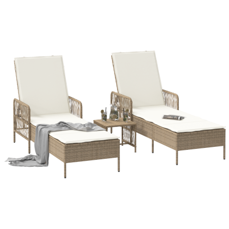 vidaXL Ligbedden 2 stuks met Kussens en Tafel Beige Poly Rattan afbeelding3 - 1