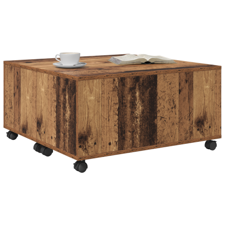 vidaXL Salontafel met wiel met opslag Oude hout 75 x 75 x 38 cm Bewerkt hout afbeelding3 - 1