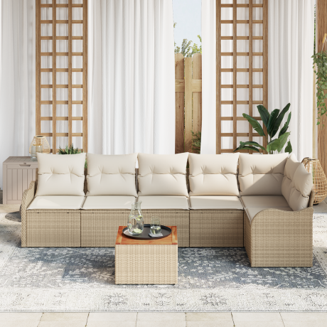 vidaXL Tuin Sofa Set 7 pcs Beige, wit Groot Rattan, Stof, Staal afbeelding3 - 1