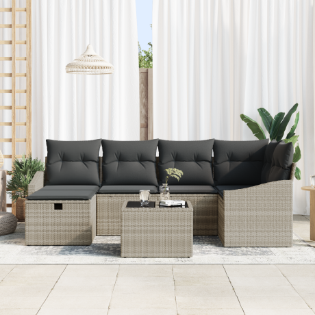 vidaXL Bankstel met kussen 7 pcs Licht Grijs en Grijs poly rattan afbeelding3 - 1